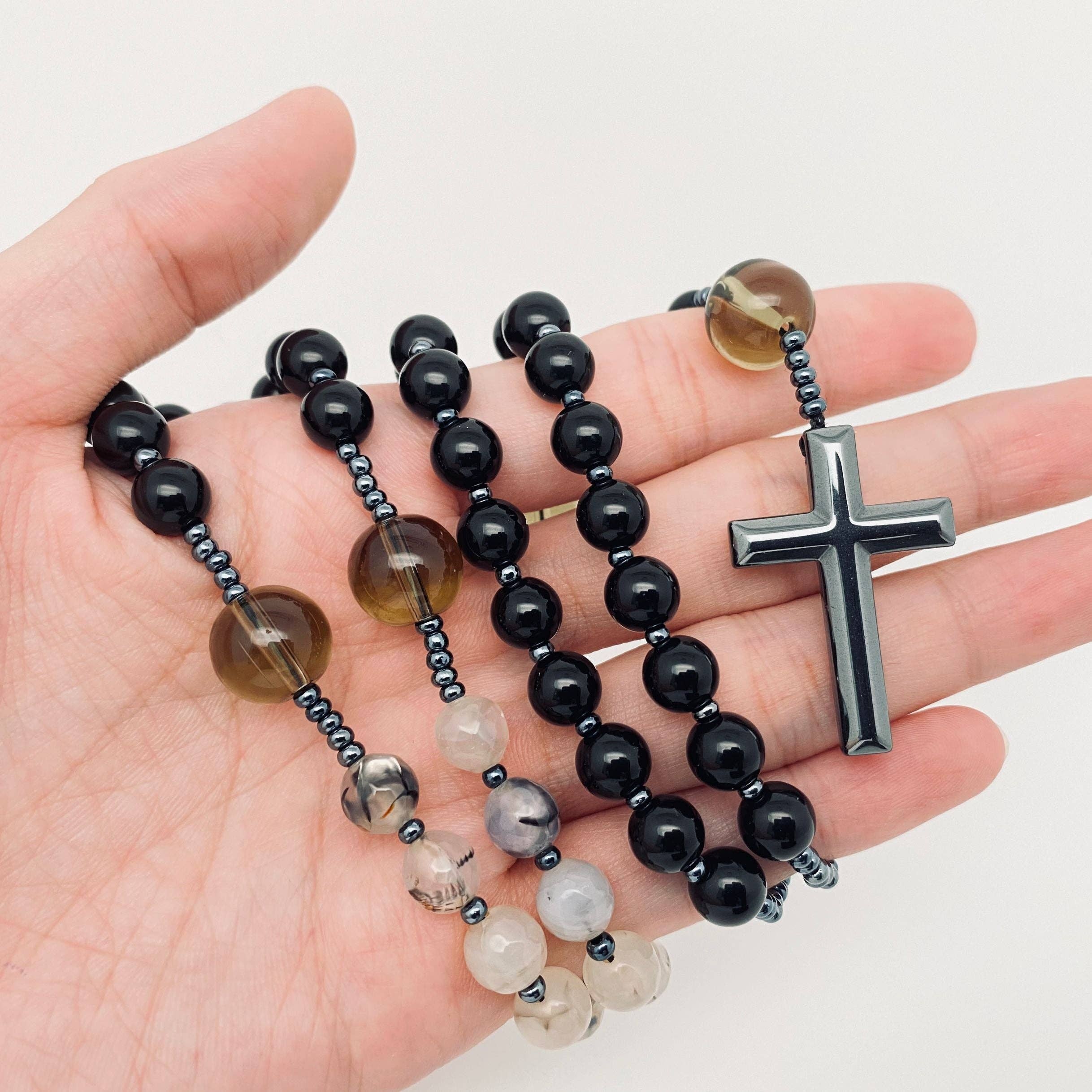 Black Onyx, Dragon Agate, Smoky Quartz, Hematite Rosary
