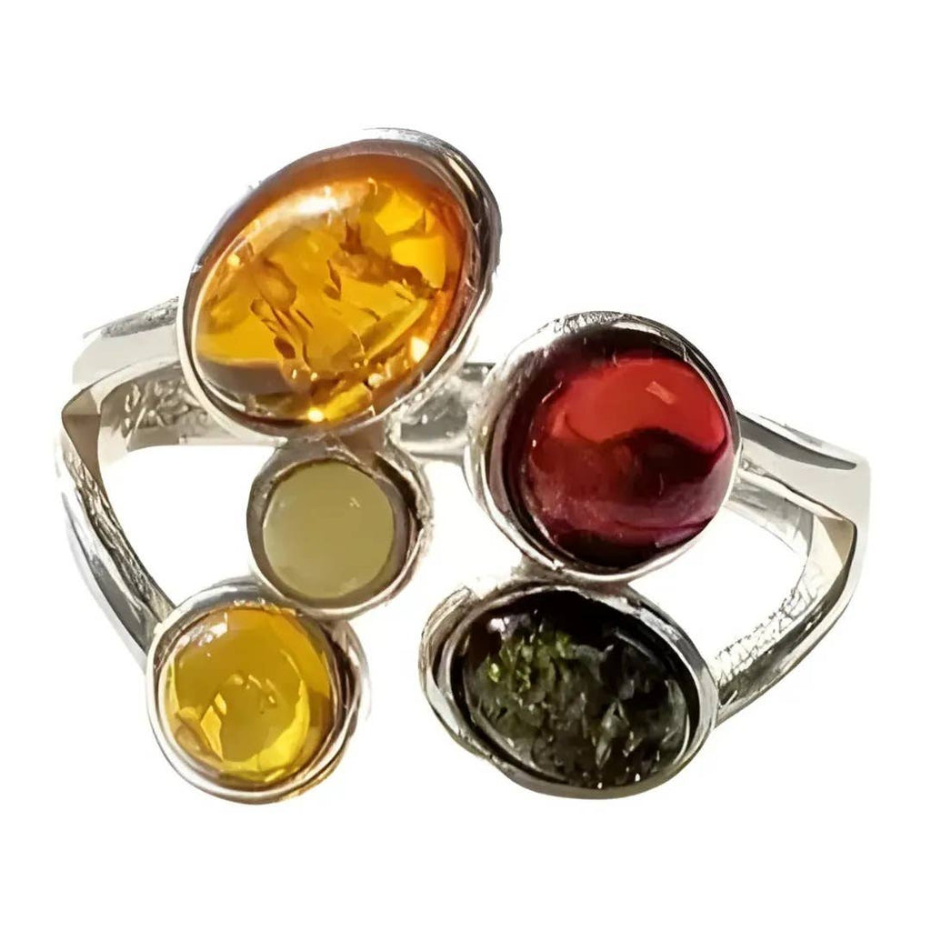 Multicolor Amber Sterling Silver Adjustable Ring