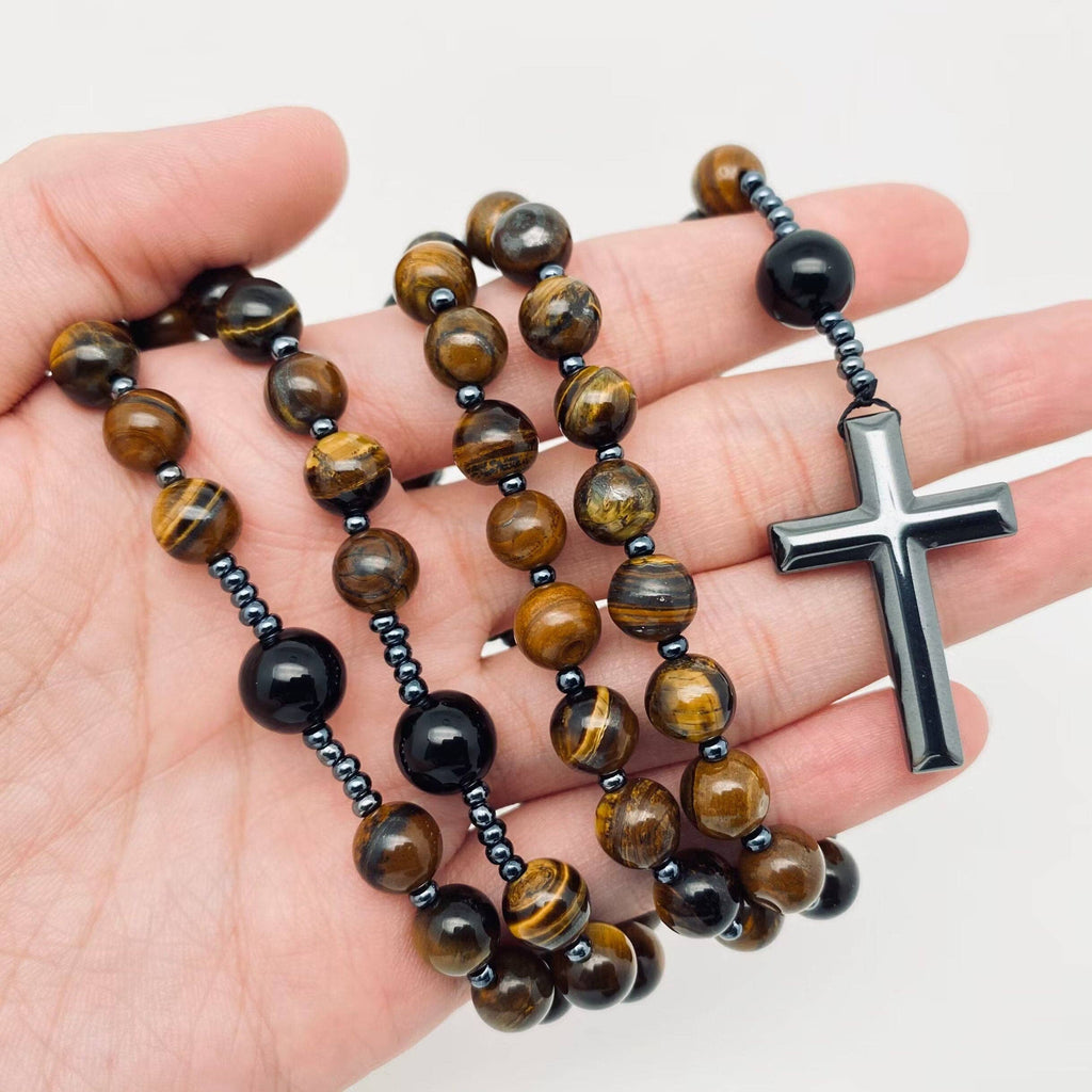 Tiger's Eye, Black Agate Cross Rosary