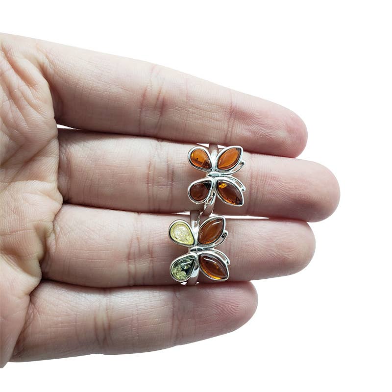 Butterfly Multicolor Amber Sterling Silver Adjustable Ring