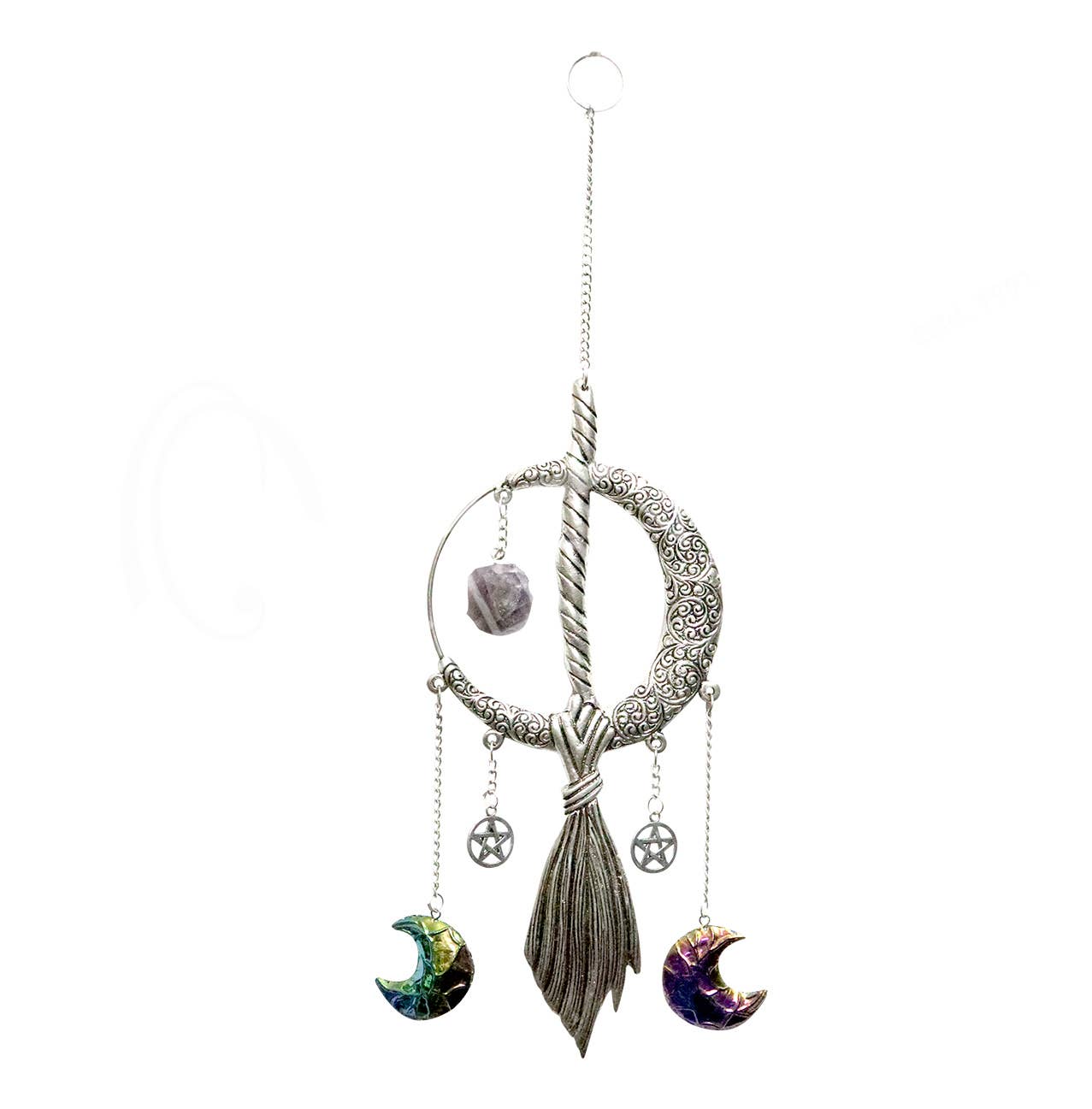 Amethyst & Titanium Quartz Moon Broom Hang