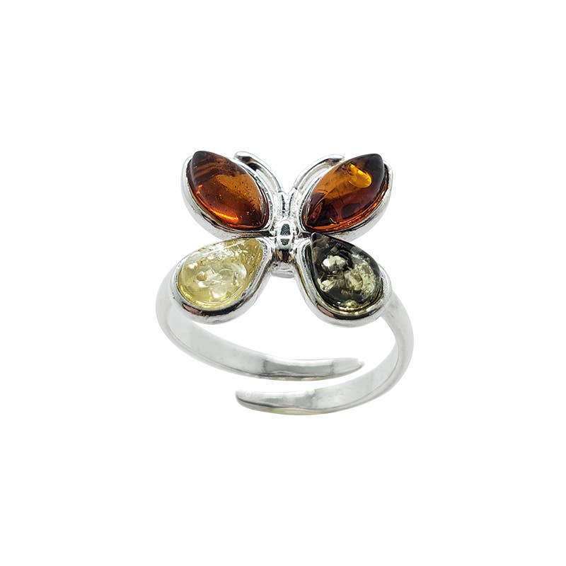 Butterfly Multicolor Amber Sterling Silver Adjustable Ring
