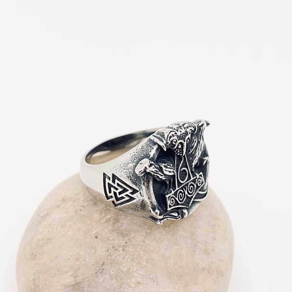 Viking Valknut Crow Stainless Steel Ring