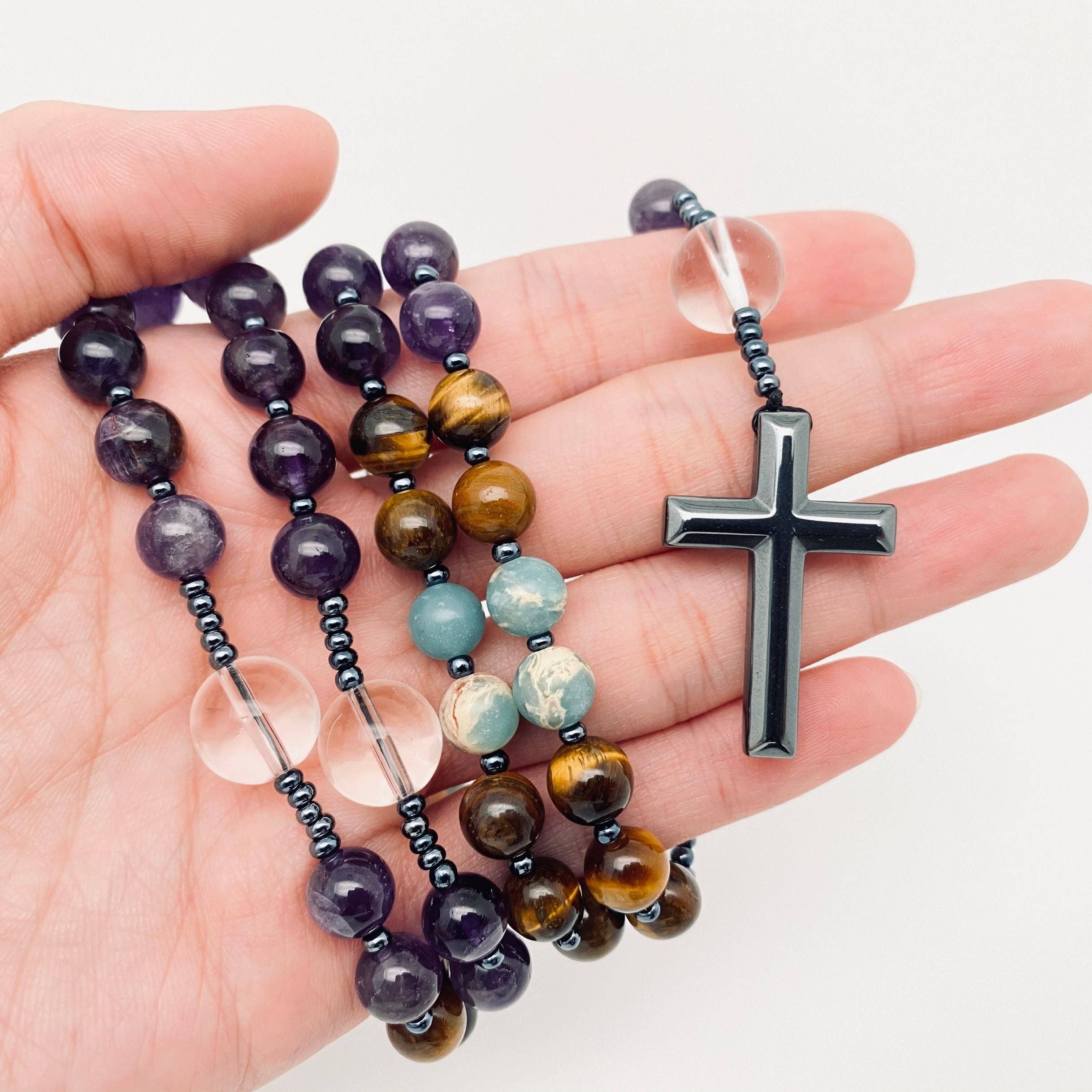 Amethyst, Tiger's Eye, Amazonite, Clear Quartz, Hematite Rosary