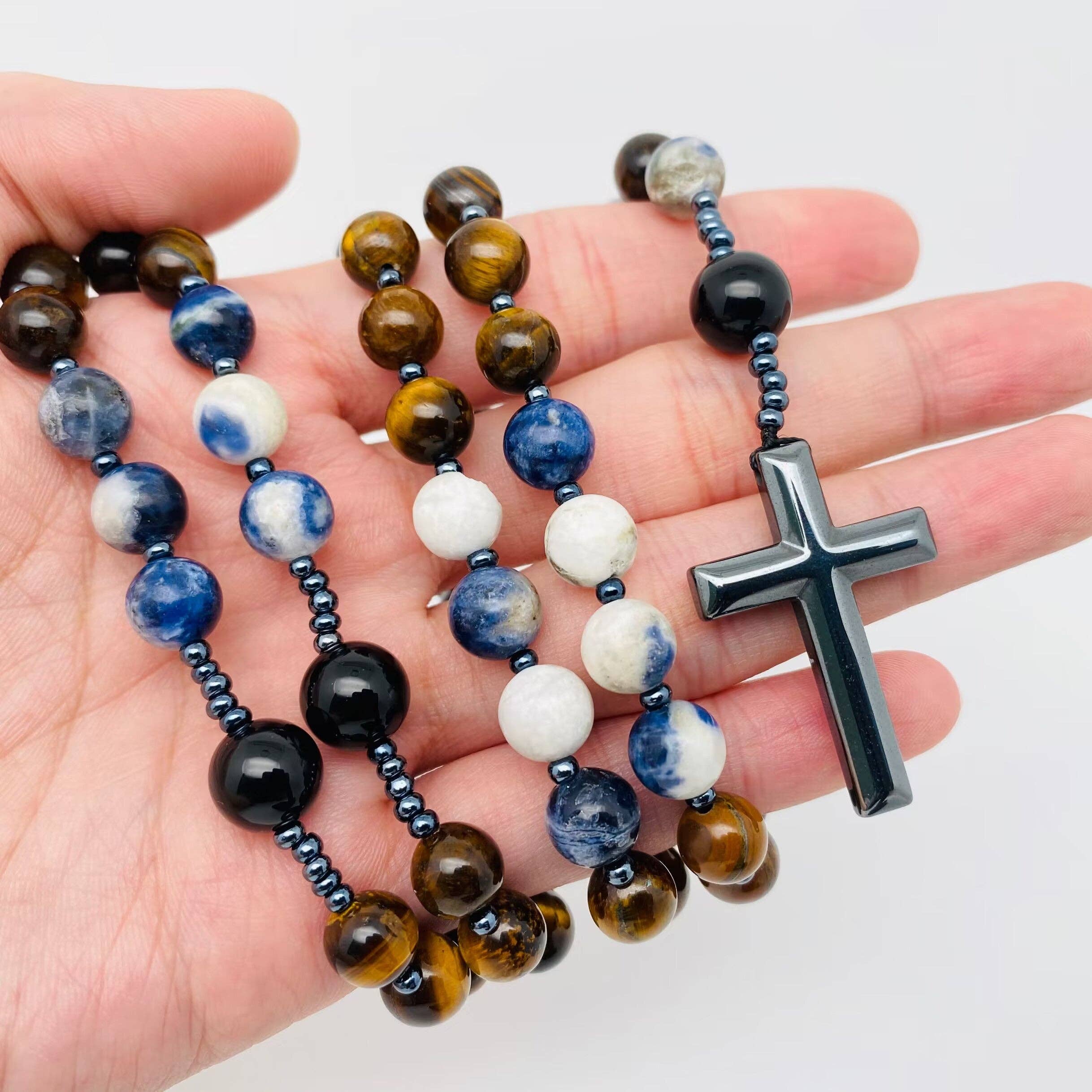 Tiger' Eye, Sodalite, Obsidian Rosary Beads
