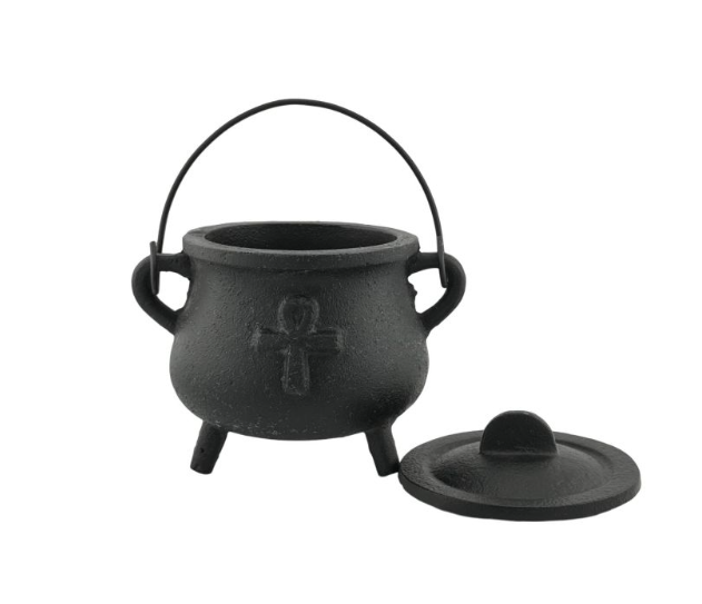 Ankh Cast Iron Pot Belly Cauldron w/ Lid 4.5"