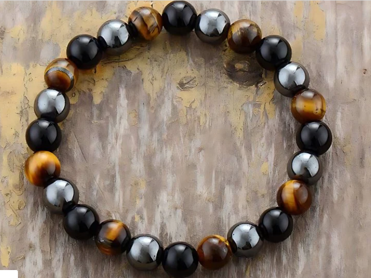 Tiger's Eye, Hematite, and Black Obsidian Bead Bracelet