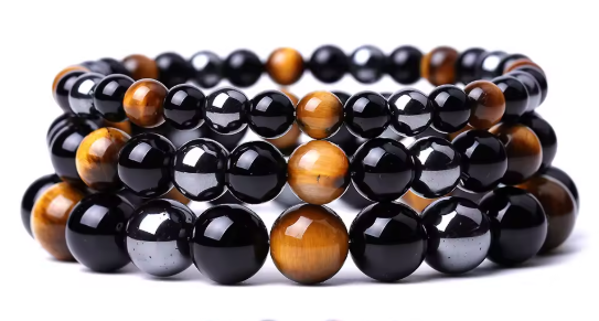Tiger's Eye, Hematite, and Black Obsidian Bead Bracelet