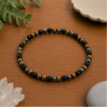 Tiger's Eye, Hematite, and Black Obsidian Bead Bracelet