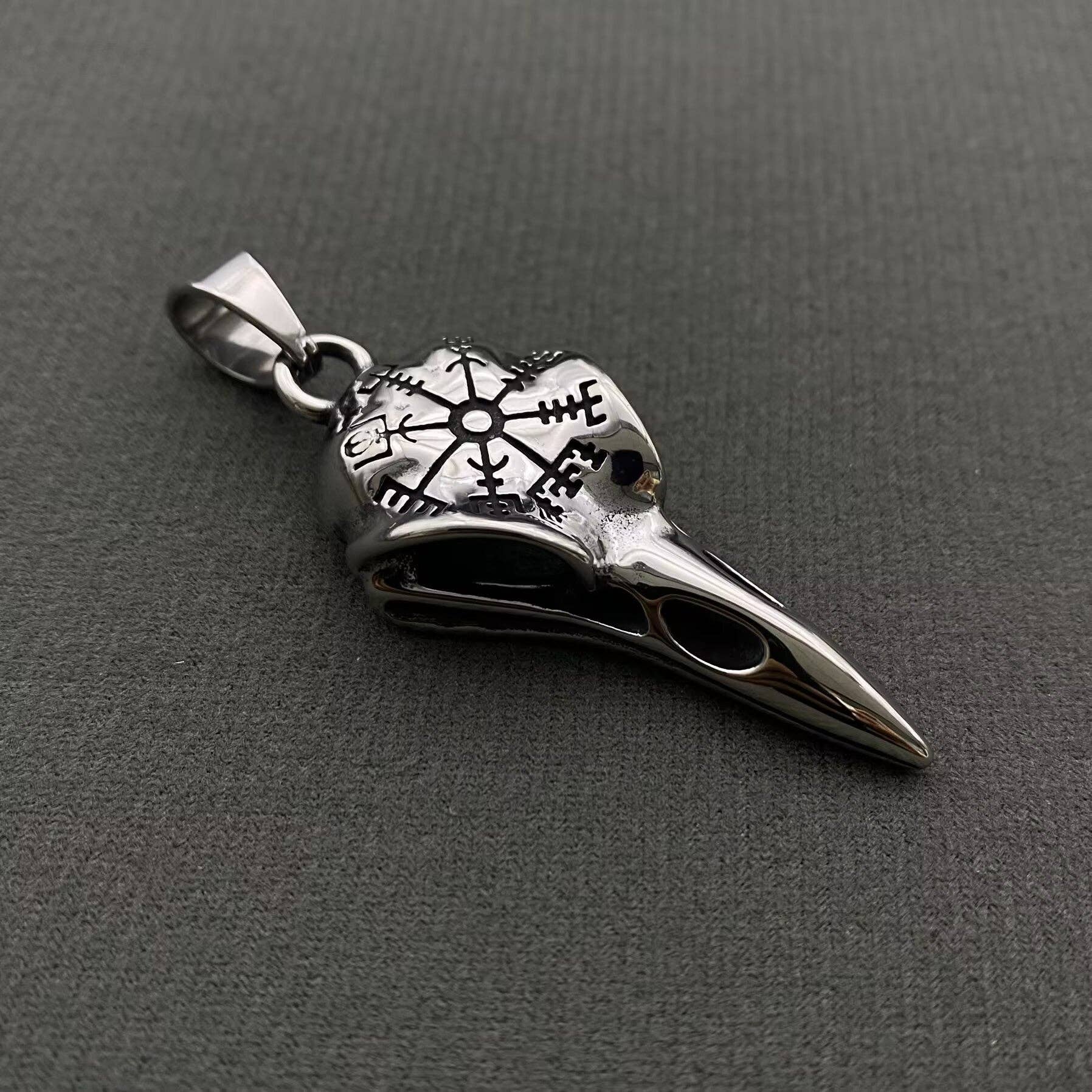 Viking Vegvísir Symbol Crow Skull Stainless Steel Pendant