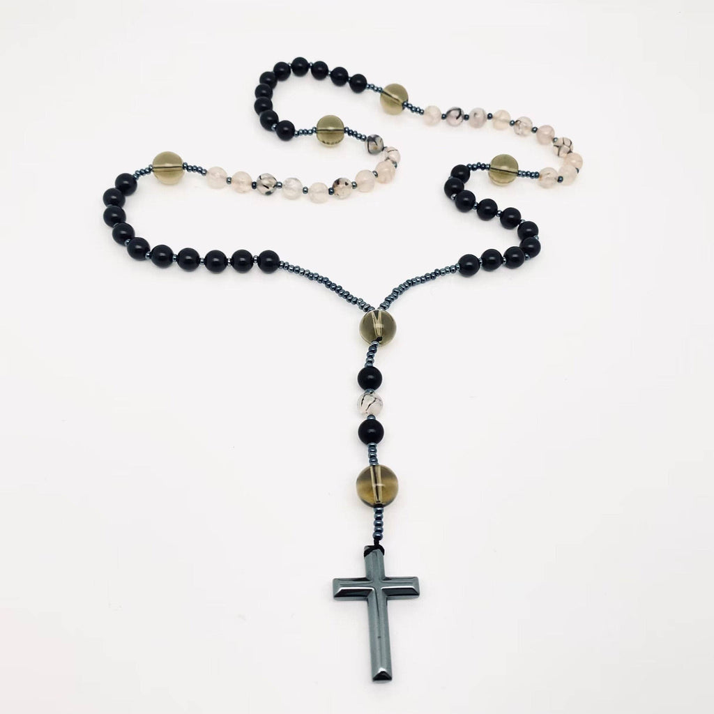 Black Onyx, Dragon Agate, Smoky Quartz, Hematite Rosary