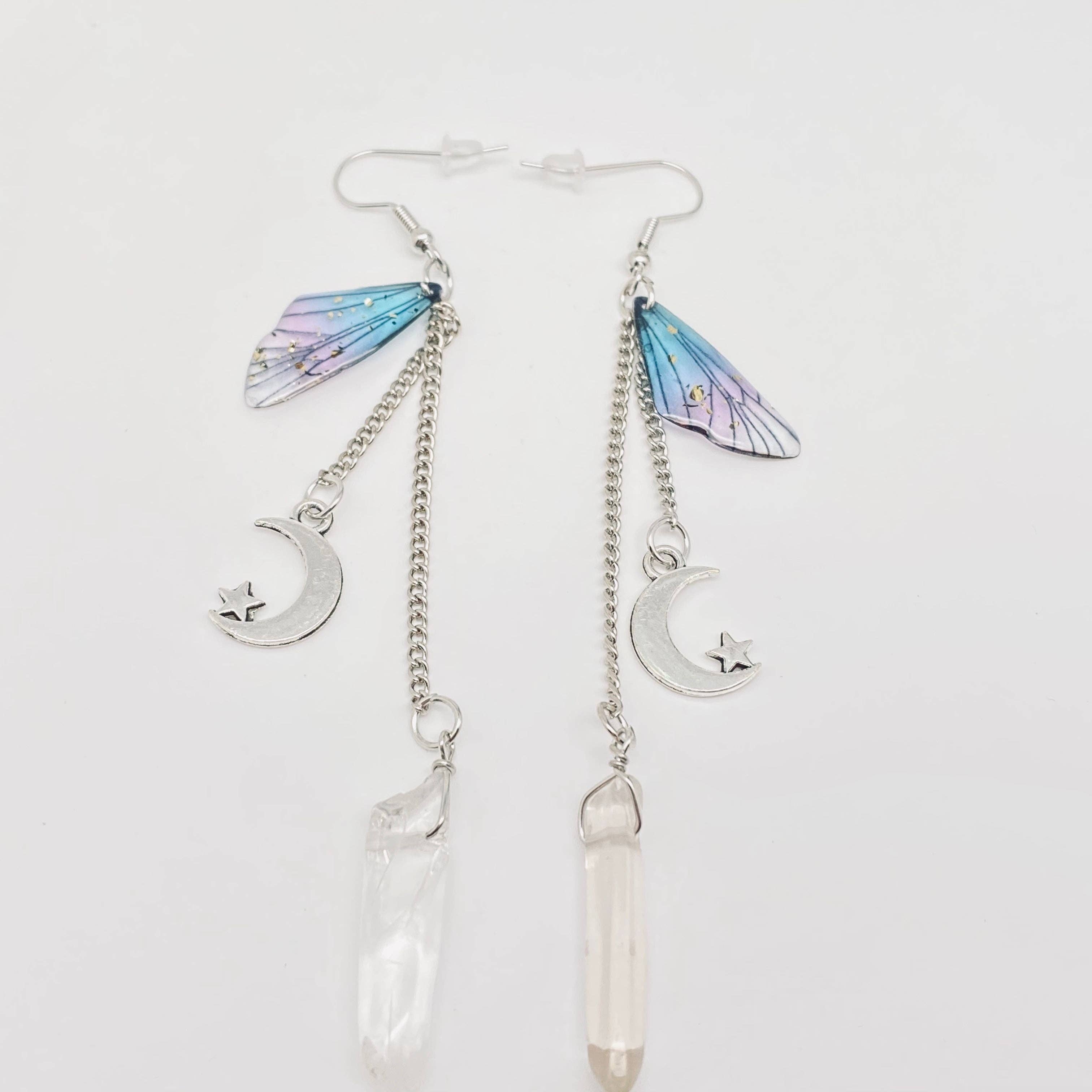Butterfly Wings Long Chain Crystal Pendant Earrings