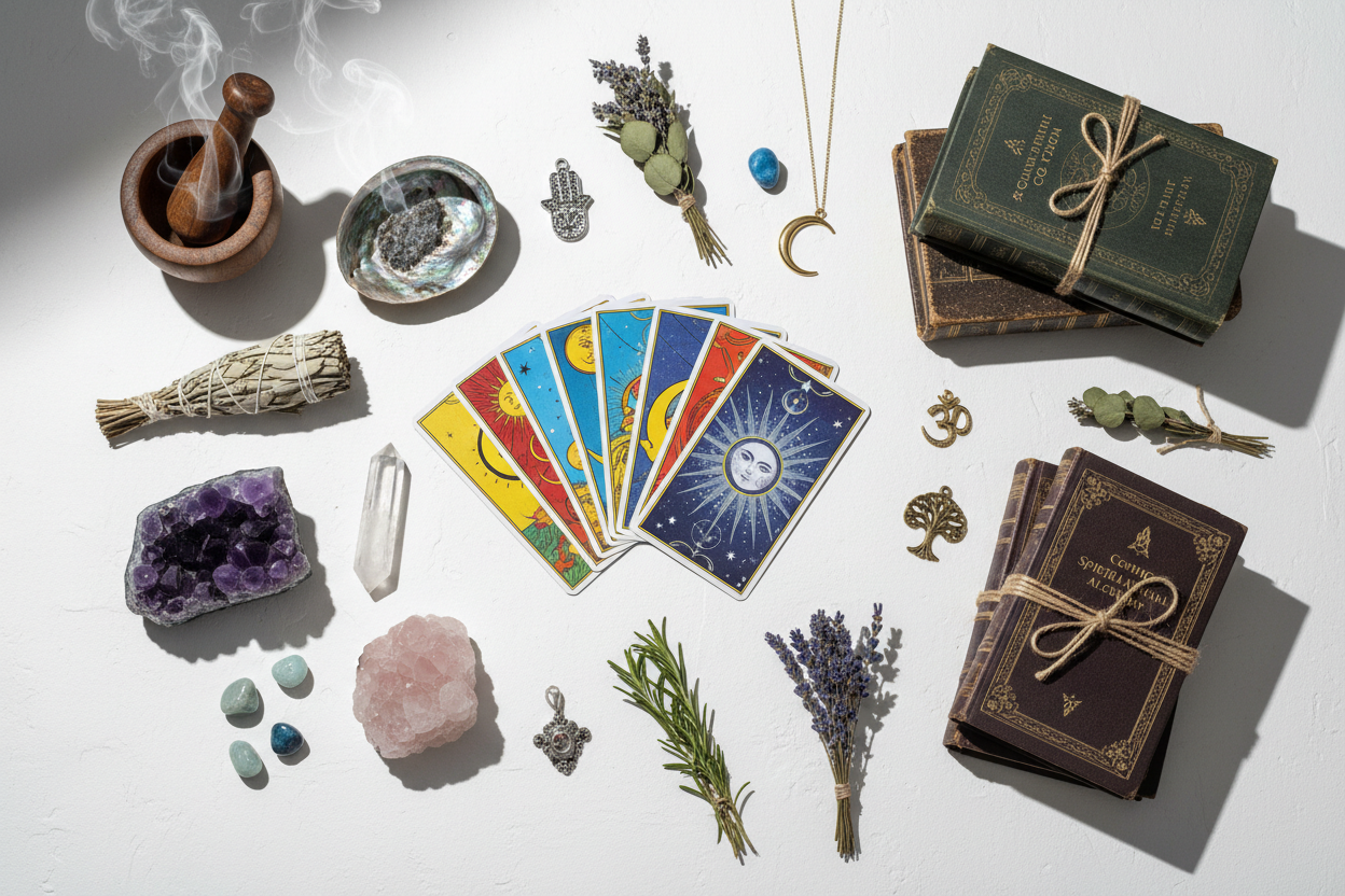 crystals, herbs, tarot cards, books, mortar & pestle, sage in an abalone shell, metaphysical charms all arranged on a white background