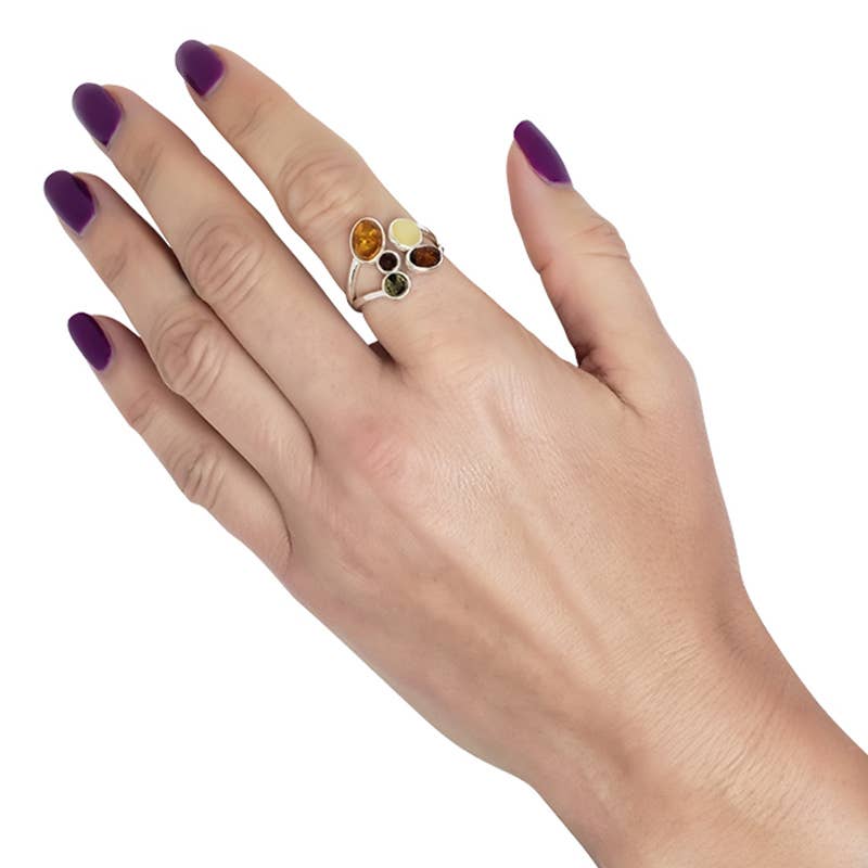 Multicolor Amber Sterling Silver Adjustable Ring