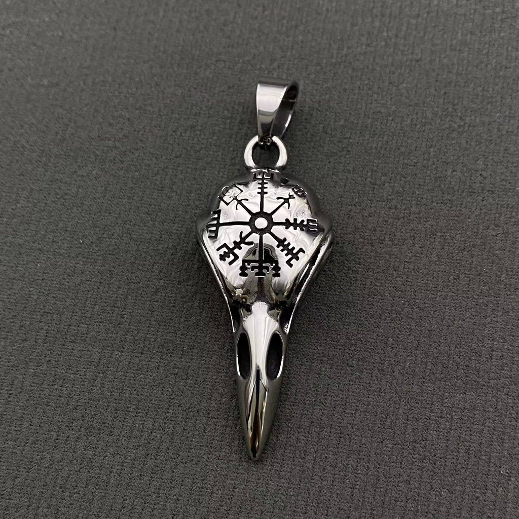 Viking Vegvísir Symbol Crow Skull Stainless Steel Pendant