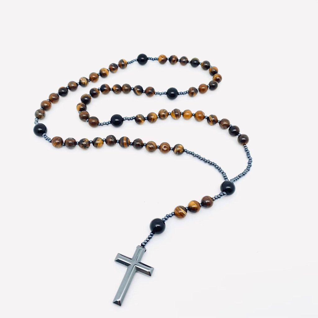 Tiger's Eye, Black Agate Cross Rosary