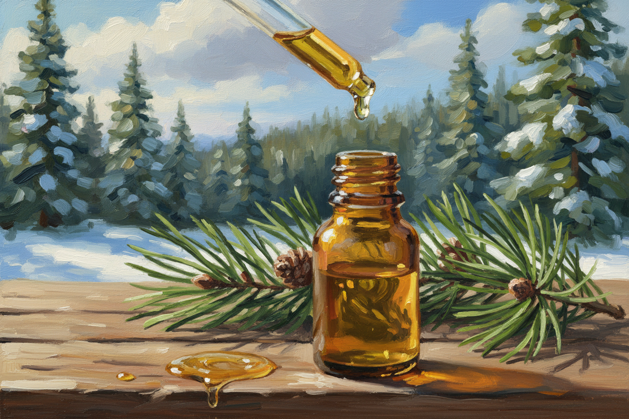 oil dripper dripping essential oil in an amber bottle with white pine in the background