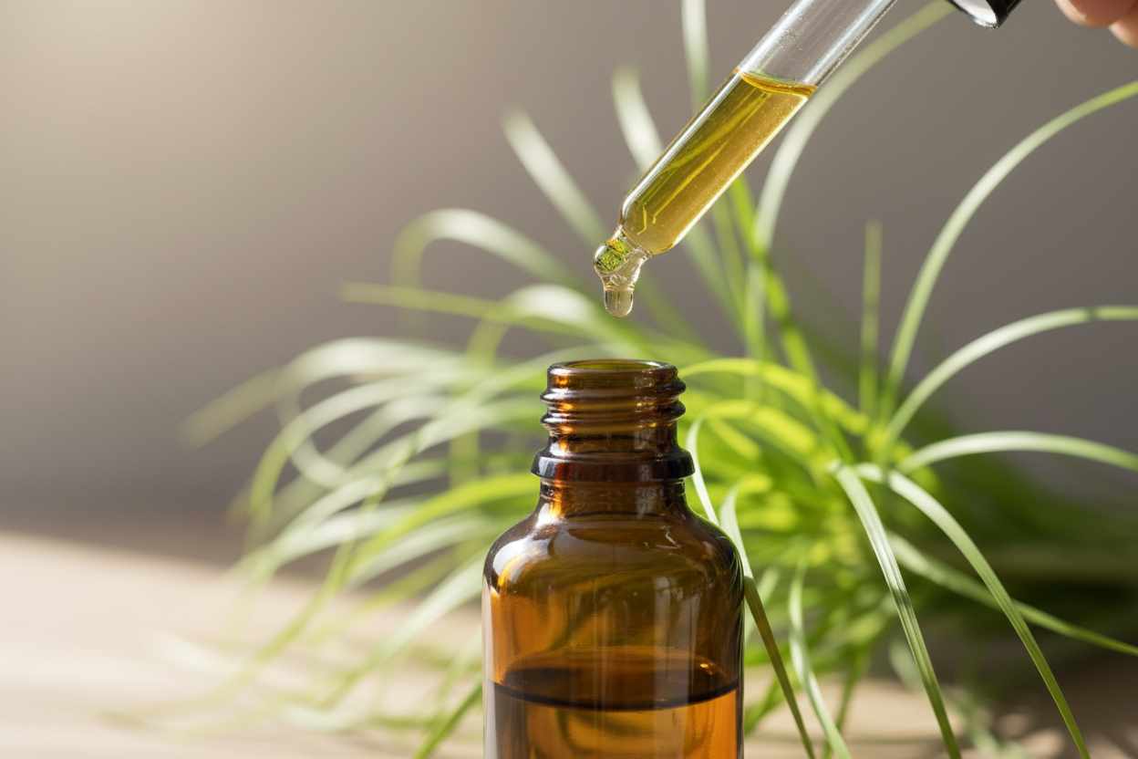 oil dropper dripping essential oil in amber colored bottle with vertiver in the background