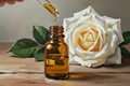 oil dropper dripping essential oil into amber bottle with white rose in the background