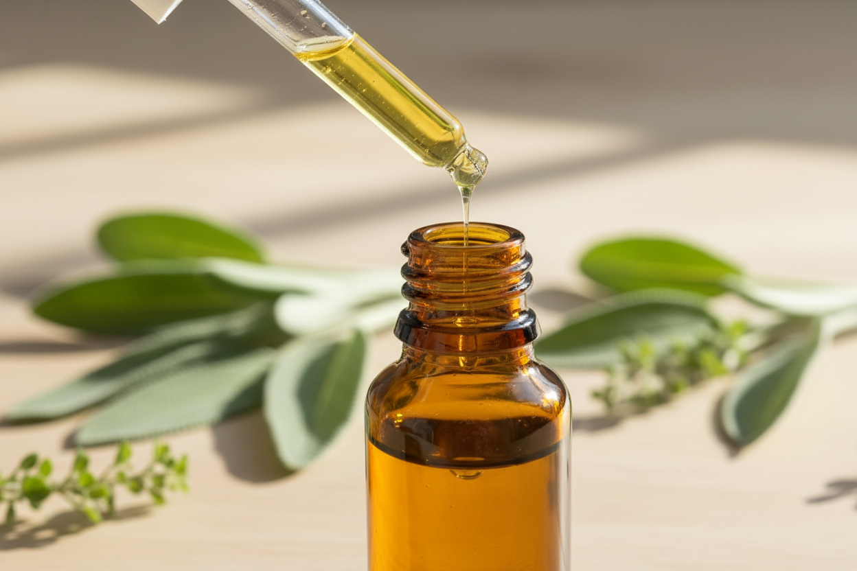 oil dropper dripping essential oil into an amber colored bottle with sage in the background