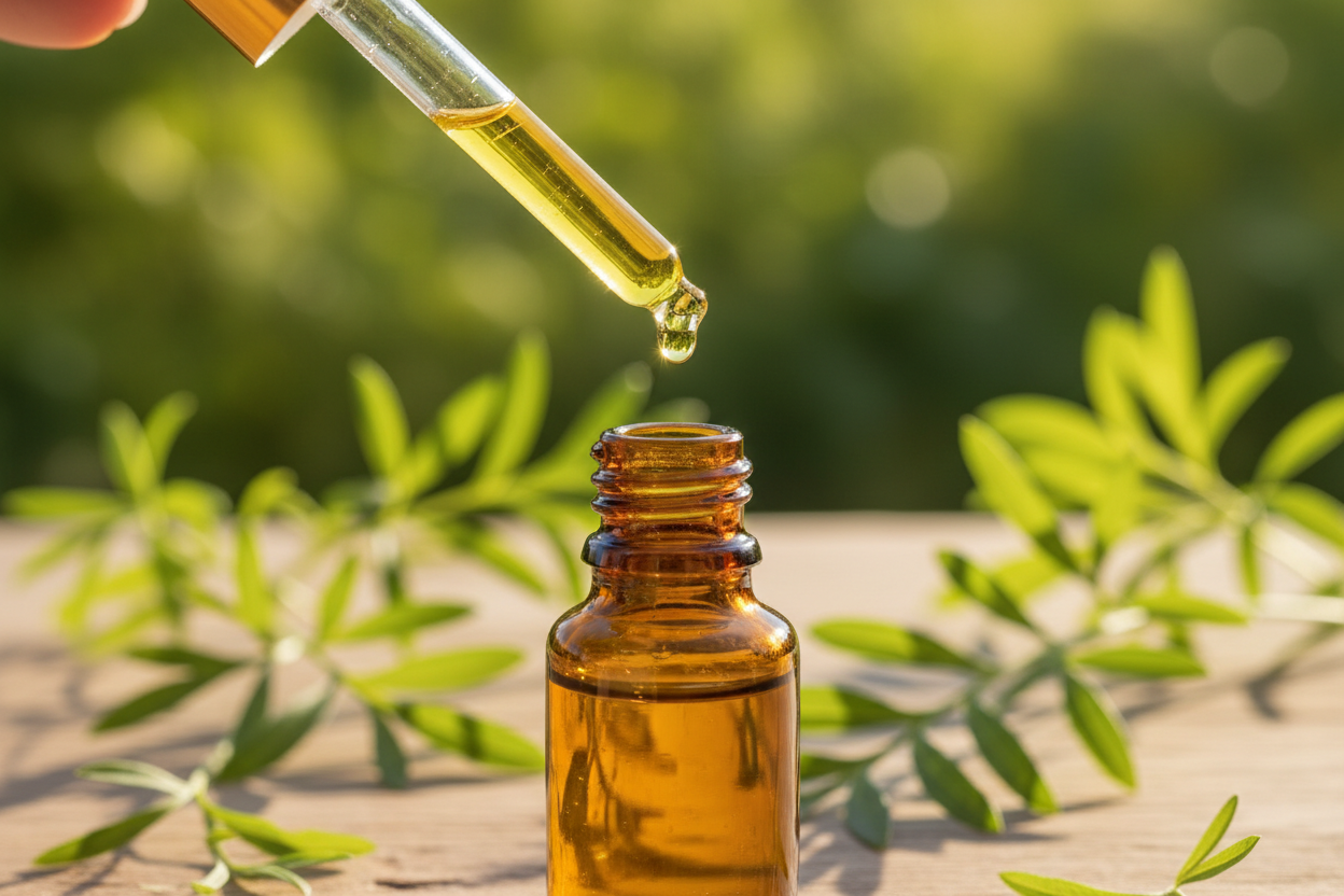 oil dropper dripping essential oils into an amber colored bottle with rue in the background