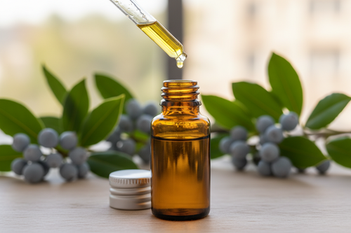oil dropper dropping essential oil into an amber colored bottle with bayberry in the background