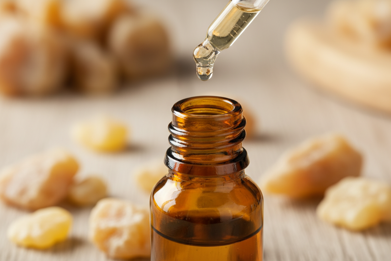 oil dropper dropping essential oil into an amber colored bottle with benzoin in the background