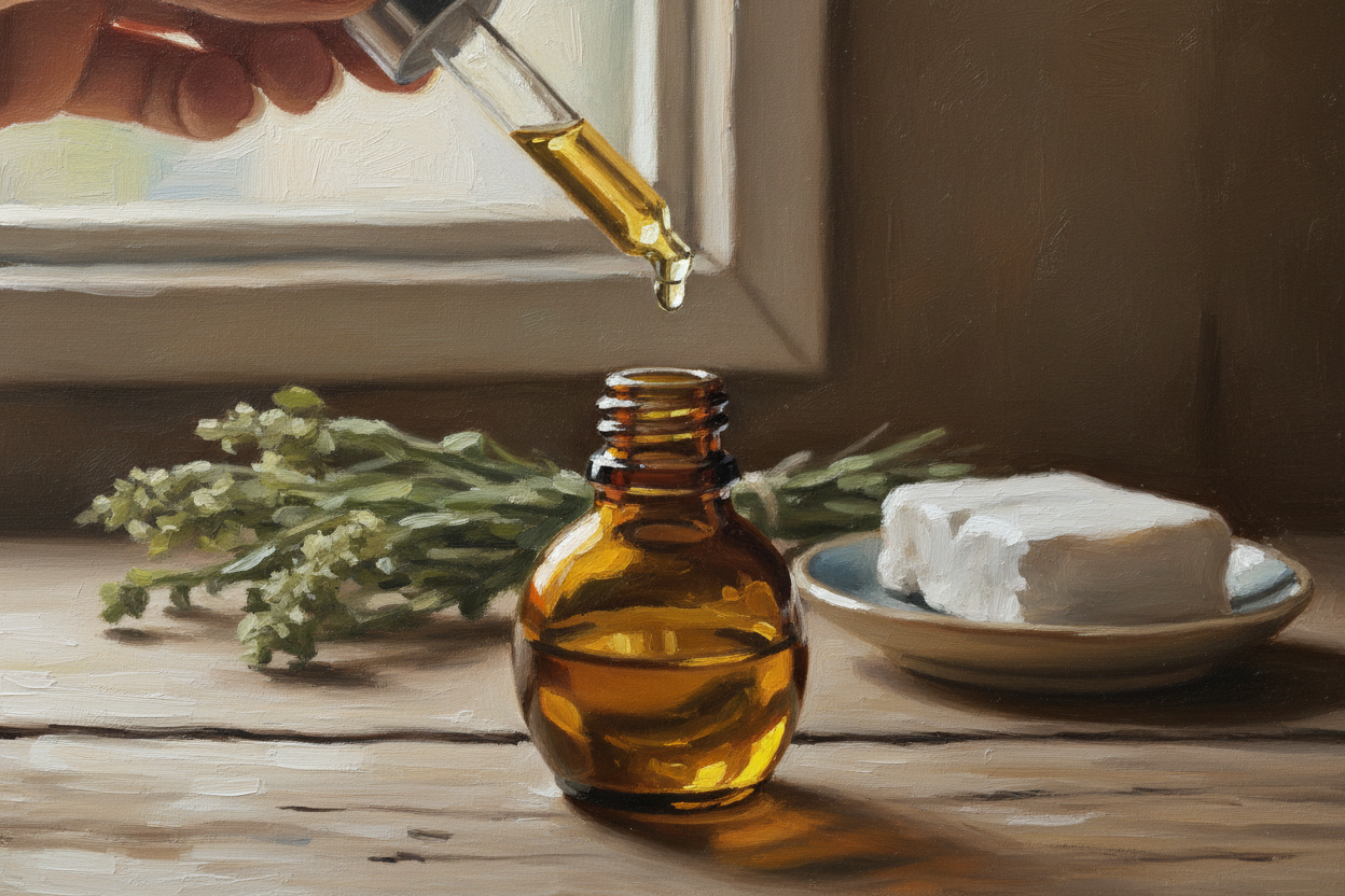 oil dropper dropping essential oil into an amber colored bottle with camphor in the background