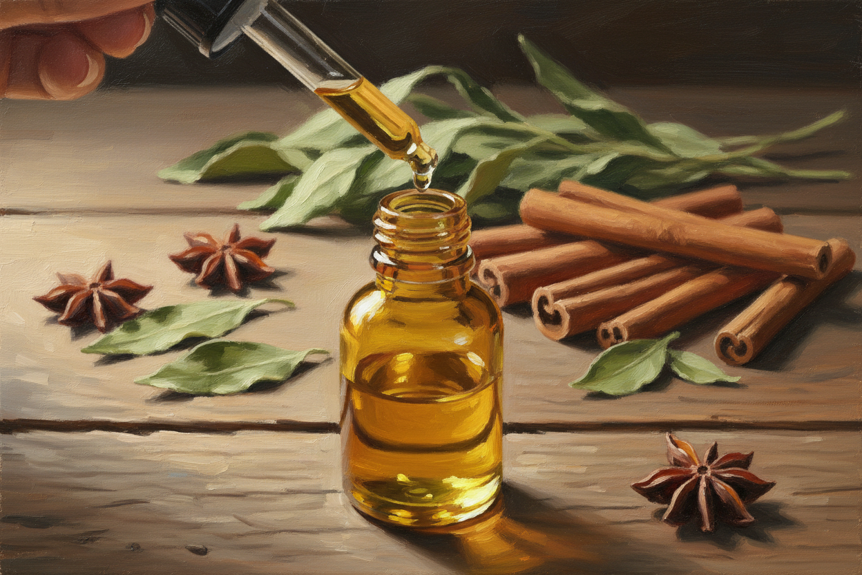 oil dropper dropping essential oil into an amber colored bottle with cassia herb in the background