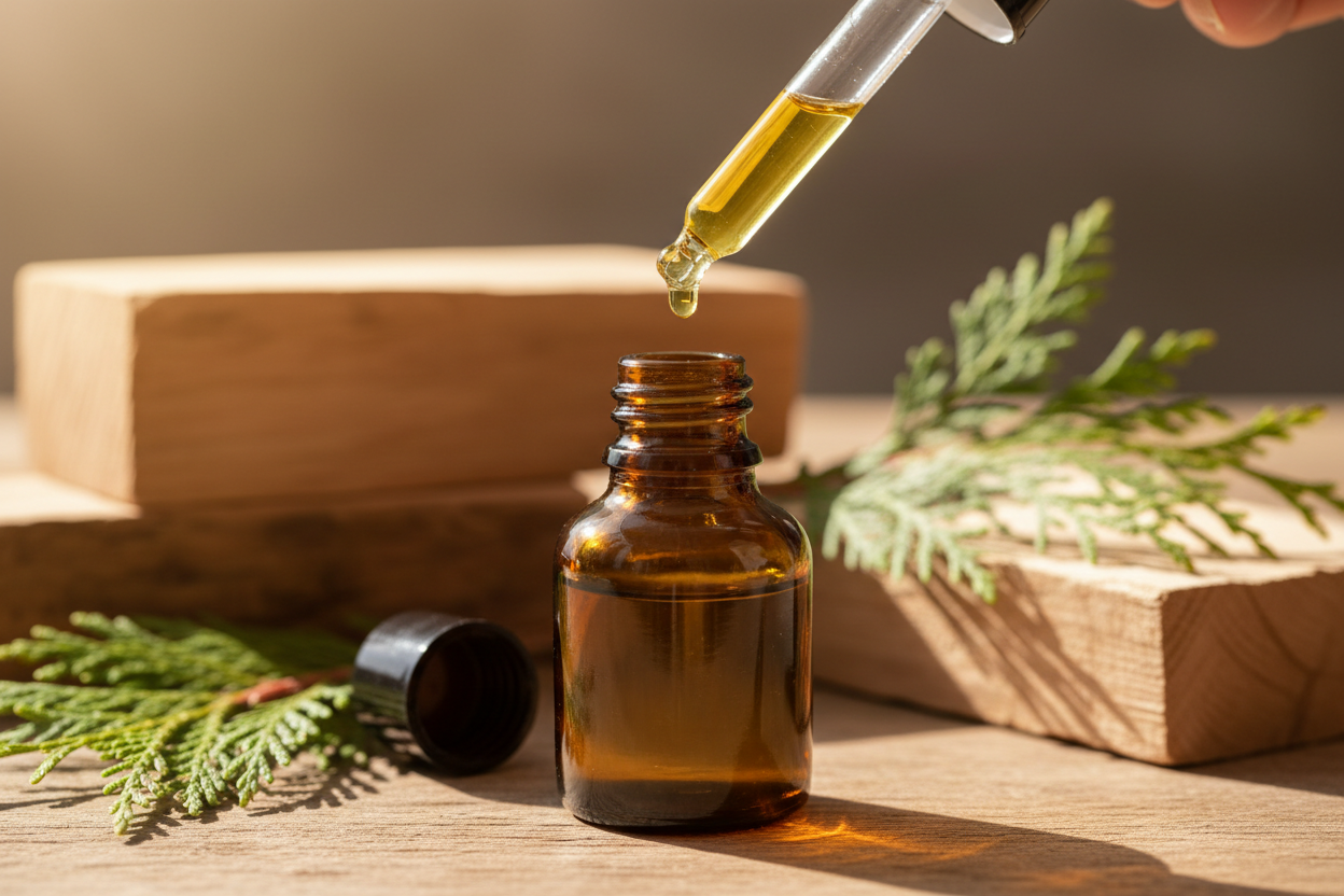 oil dropper dropping essential oil into an amber colored bottle with cedar in the background