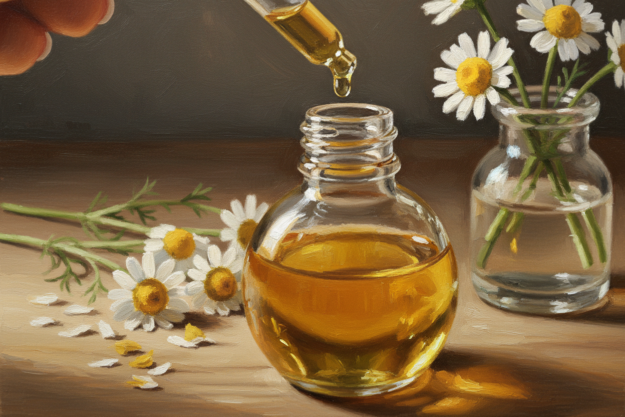 oil dropper dropping essential oil into an amber colored bottle with chamomile in the background