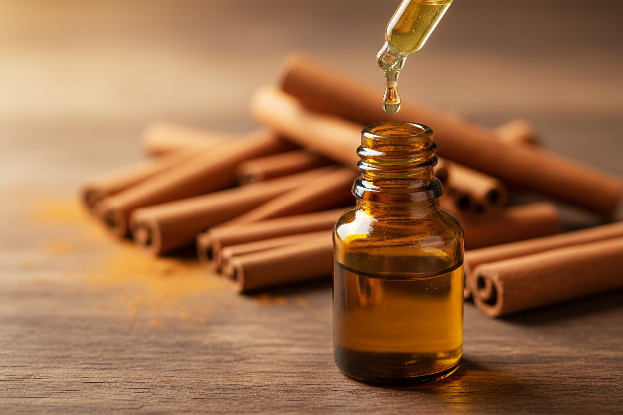 oil dropper dropping essential oil into an amber colored bottle with cinnamon in the background