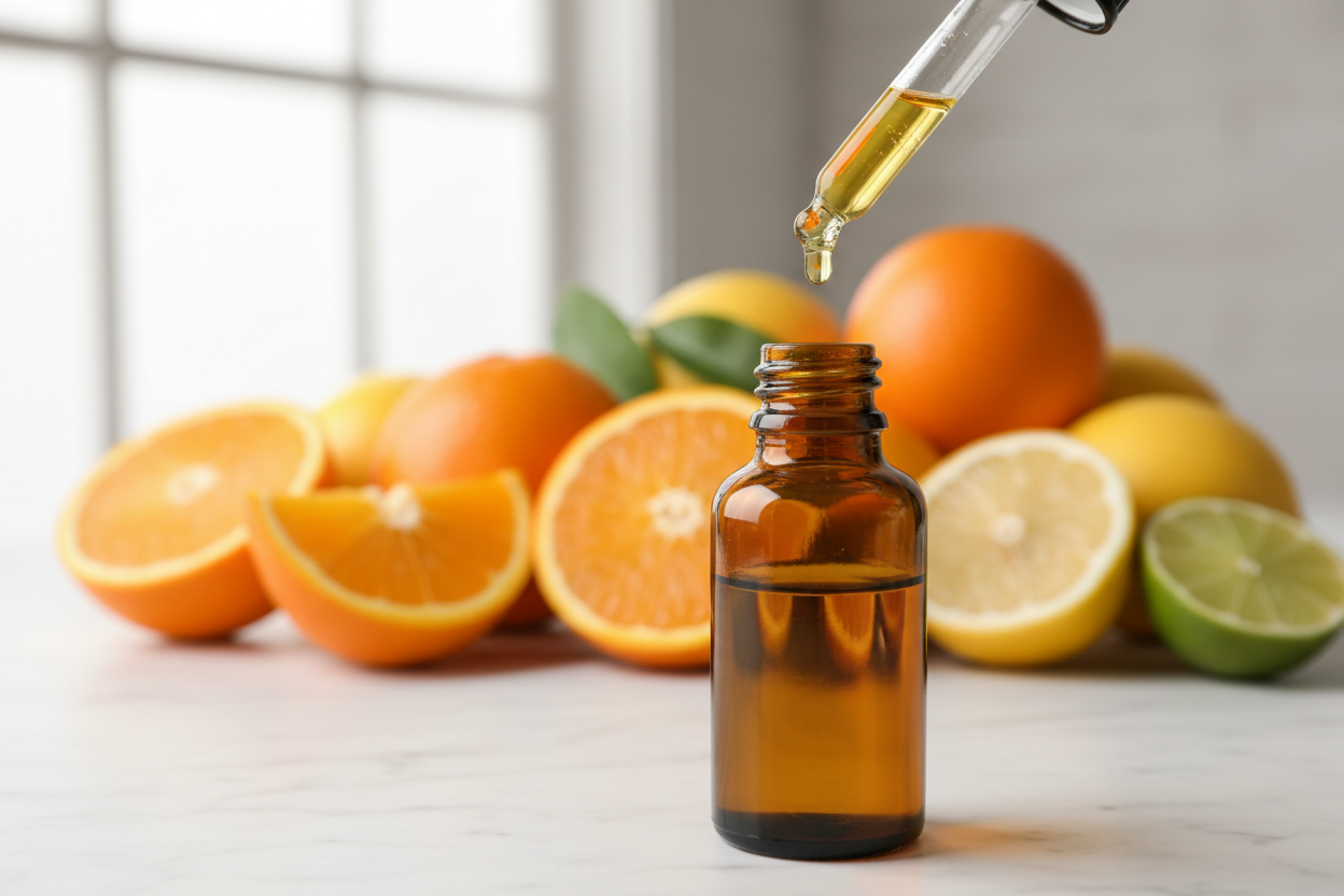 oil dropper dropping essential oil into an amber colored bottle with citrus in the background