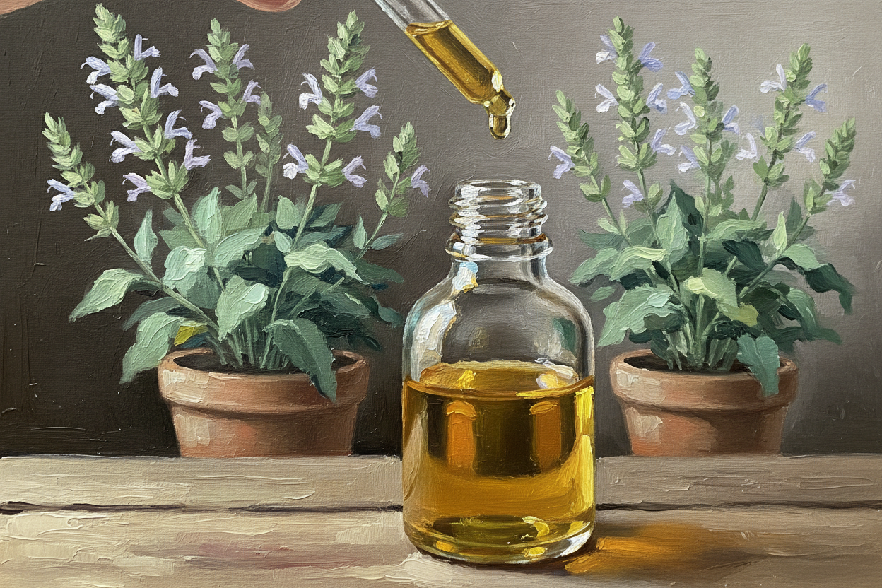 oil dropper dropping essential oil into an amber colored bottle with clary sage in the background