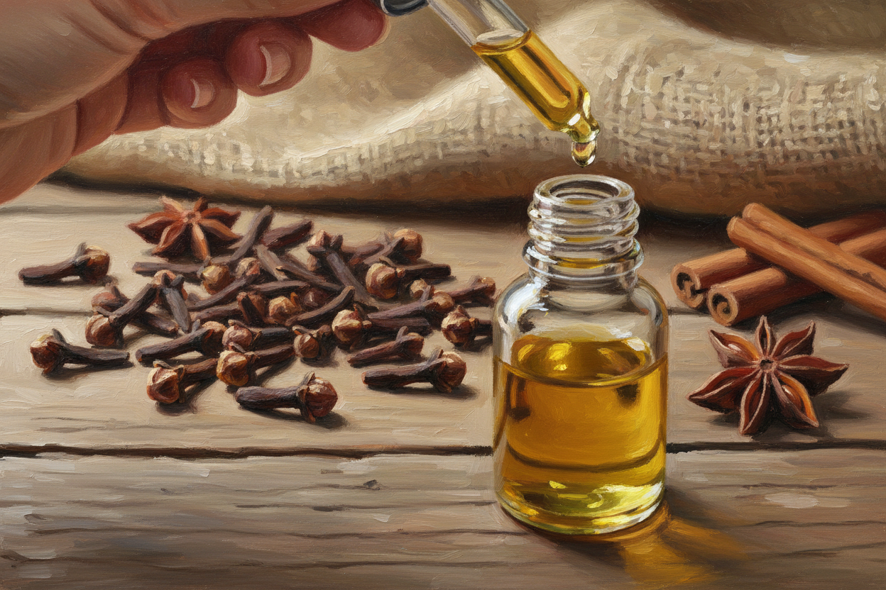 oil dropper dropping essential oil into an amber colored bottle with clove bud in the background