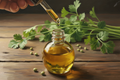 oil dropper dropping essential oil into an amber colored bottle with coriander in the background