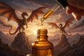 oil dropper dropping essential oil into an amber colored bottle with dragons in the background