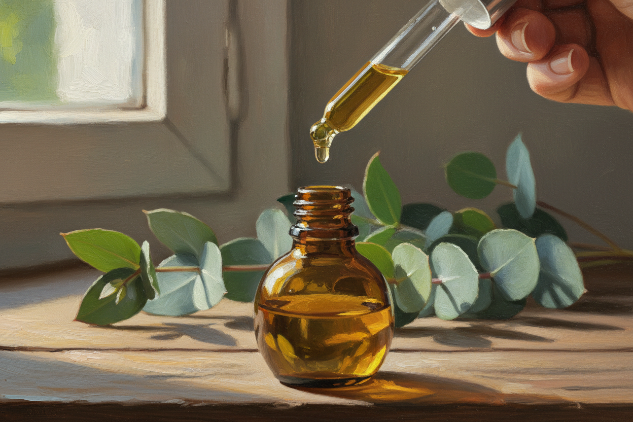 oil dropper dropping essential oil into an amber colored bottle with eucalyptus in the background