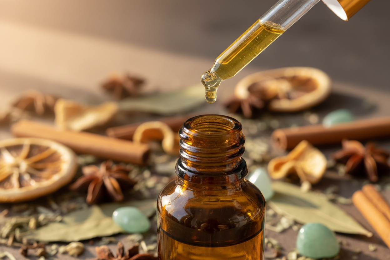 oil dropper dropping essential oil into an amber colored bottle with fast luck in the background