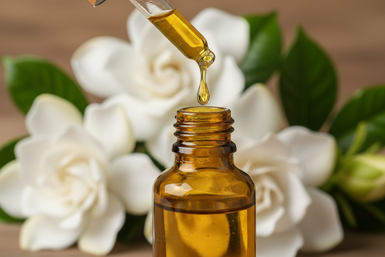 oil dropper dropping essential oil into an amber colored bottle with Gardenia in the background