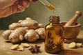 oil dropper dropping essential oil into an amber colored bottle with ginger in the background