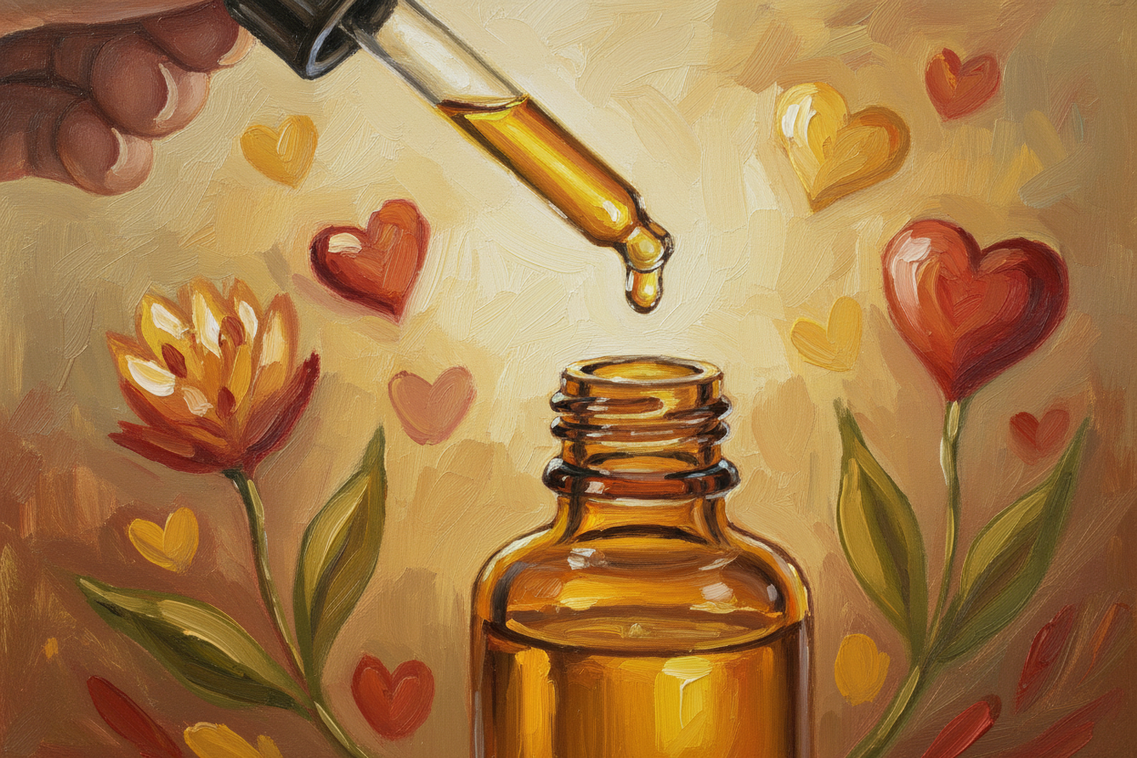oil dropper dropping essential oil into an amber colored bottle with hearts in the background