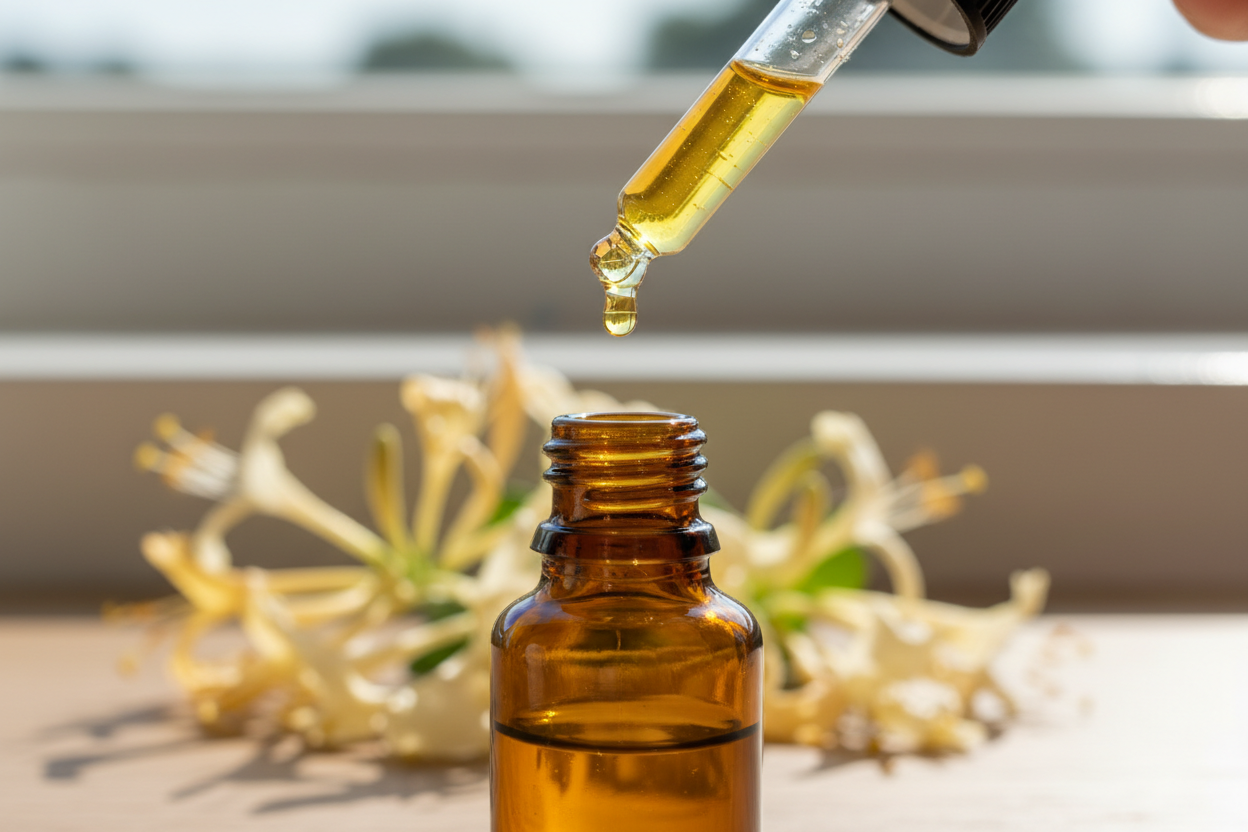 oil dropper dropping essential oil into an amber colored bottle with honeysuckle in the background