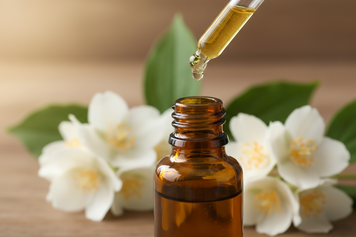 oil dropper dropping essential oil into an amber colored bottle with Jasmine in the background