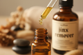oil dropper dropping essential oil into an amber colored bottle with jinx remover in the background