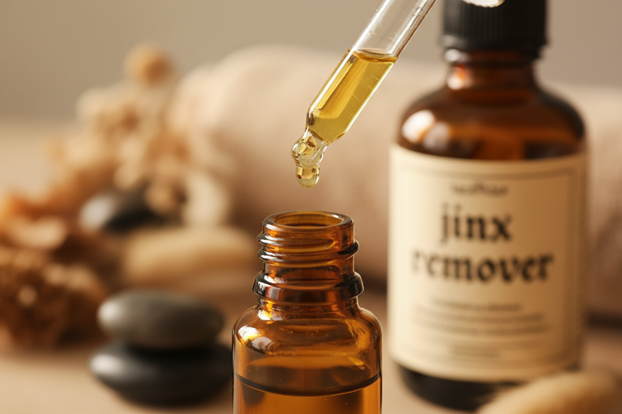 oil dropper dropping essential oil into an amber colored bottle with jinx remover in the background