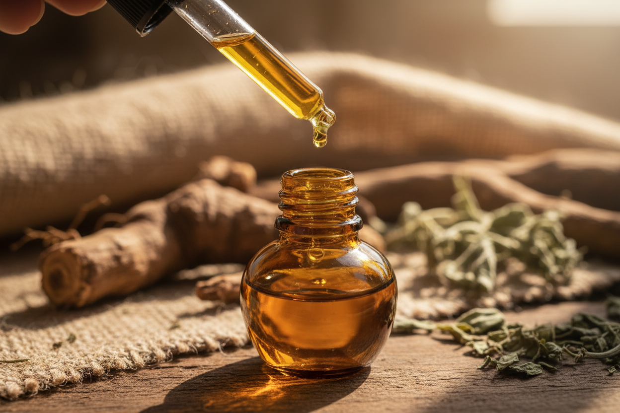 oil dropper dropping essential oil into an amber colored bottle with john the conqueror root in the background 