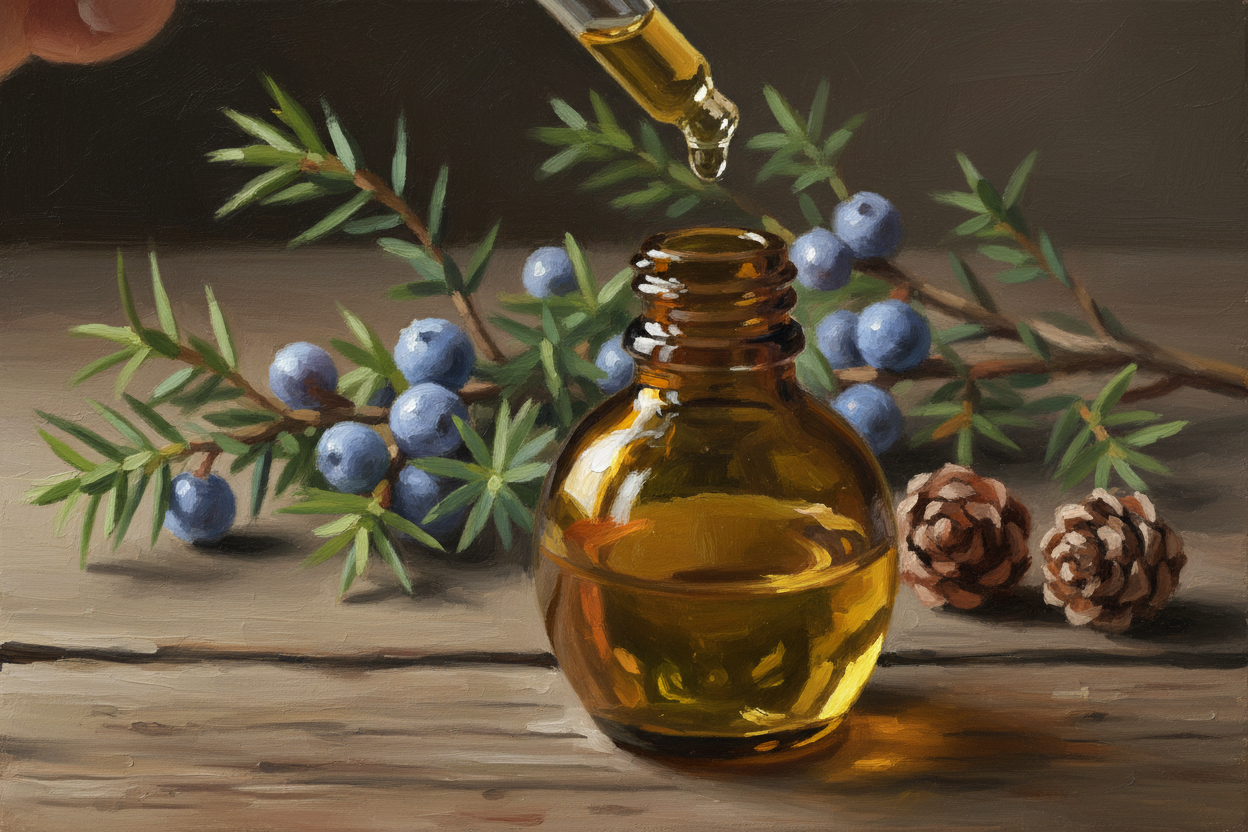 oil dropper dropping essential oil into an amber colored bottle with juniper berries in the background