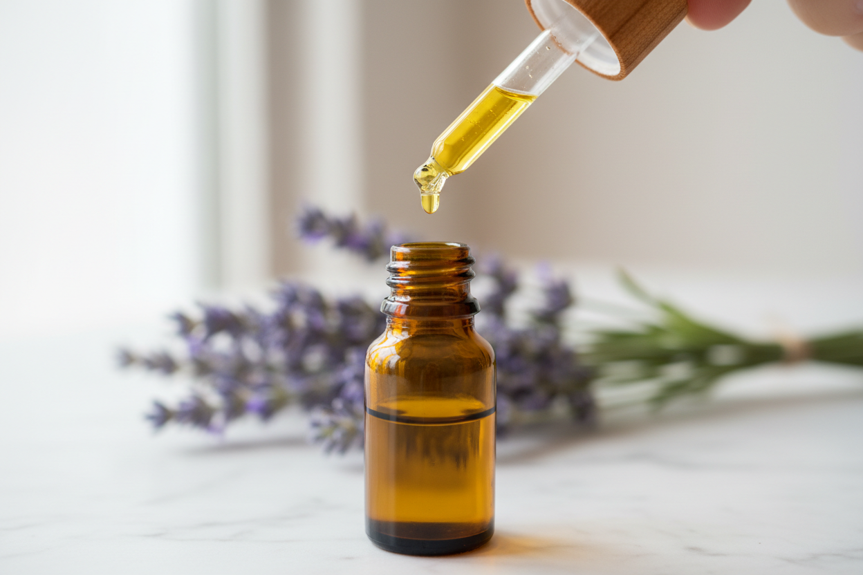 oil dropper dropping essential oil into an amber colored bottle with lavender in the background