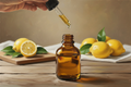 oil dropper dropping essential oil into an amber colored bottle with lemon in the background